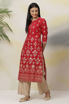 Red Art Silk Straight Printed Kurta image number 2