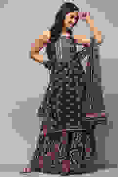 Black Linen Blend Straight Suit set image number 0