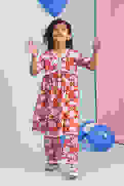 Red Cotton Floral Gathered Kurta Set image number 3