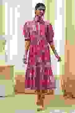 Pink Cotton Floral Printed Tiered Dress image number 5