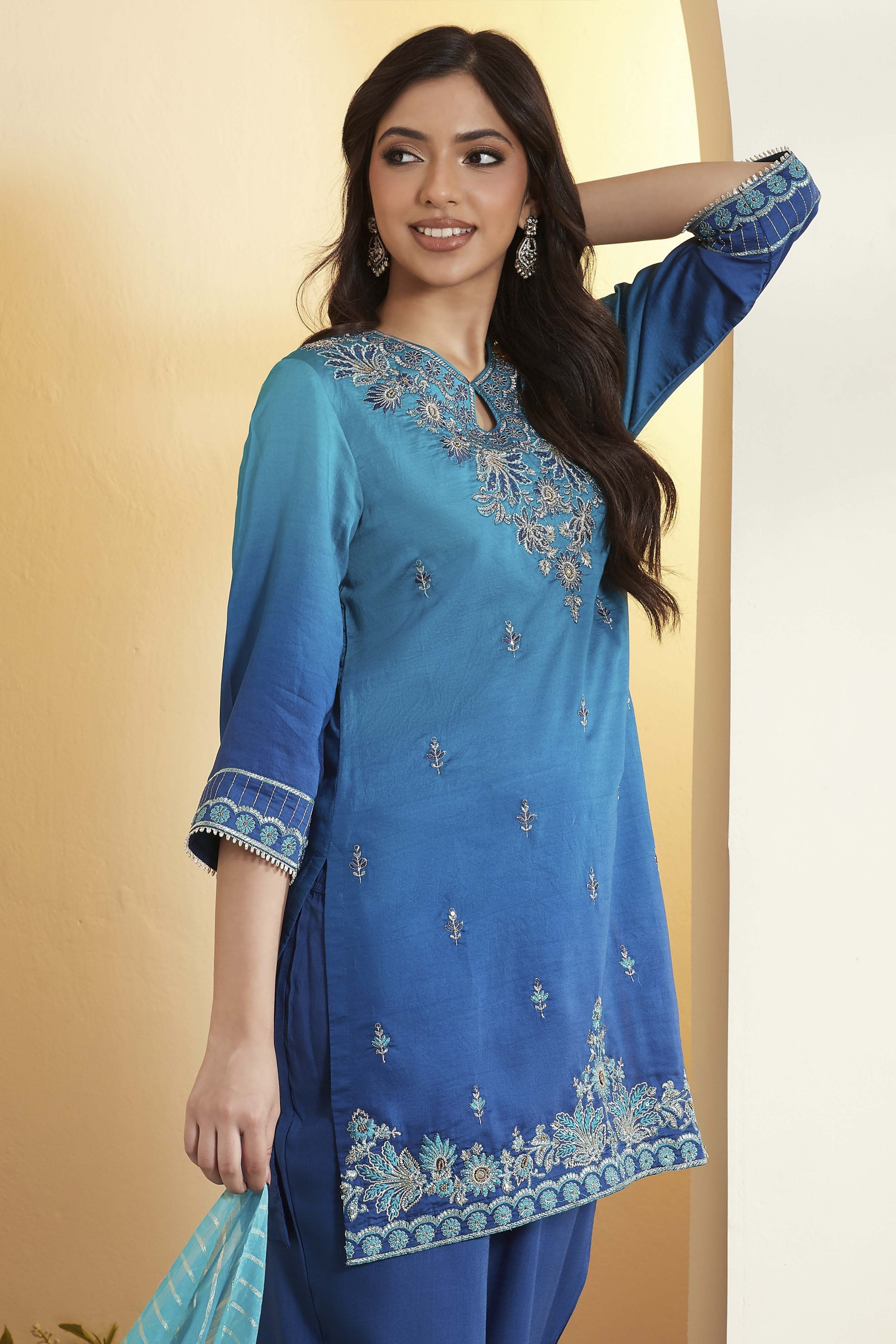 Blue Viscose Rayon Embroidered Straight Kurta Set image number 1