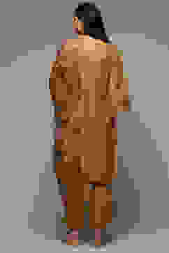 Mustard Art Silk Straight Kurta Slim Pants Suit Set image number 4