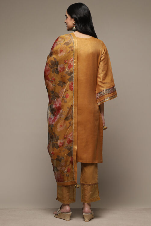 Mustard Art Silk Straight Kurta Slim Pants Suit Set image number 4