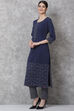 Navy Poly Metallic Straight Kurta image number 2