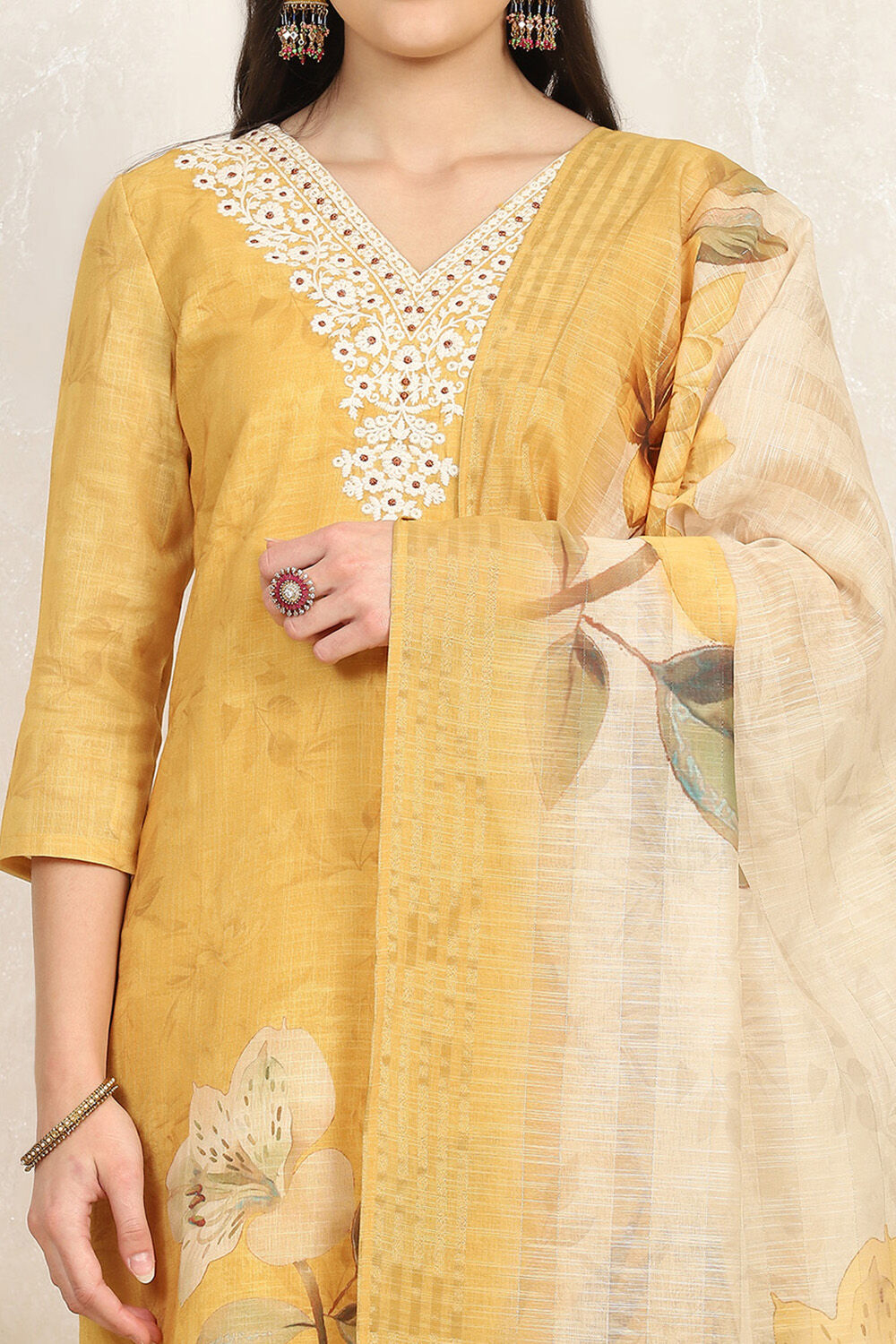 Mustard Linen Blend Digital Print Unstitched Suit Set image number 2