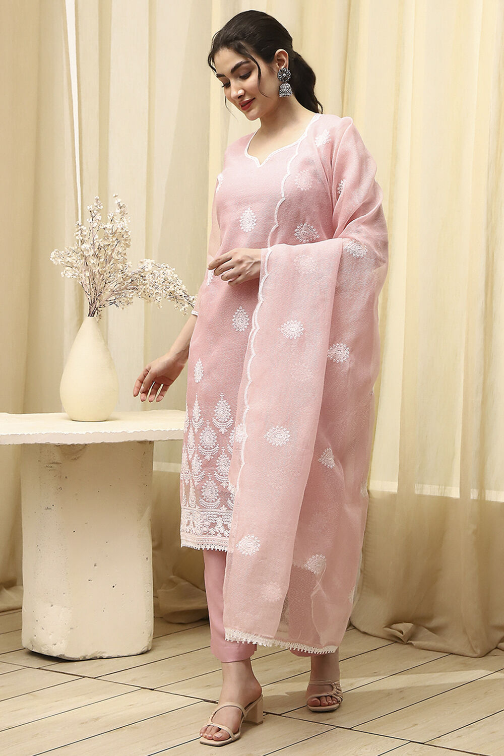 Pink Cotton Machine Embroidered Unstitched Suit Set image number 1