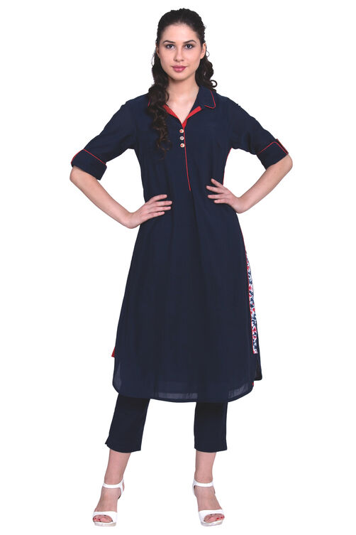 Navy Blue A-Line Cotton And Viscose Solid Kurta image number 2