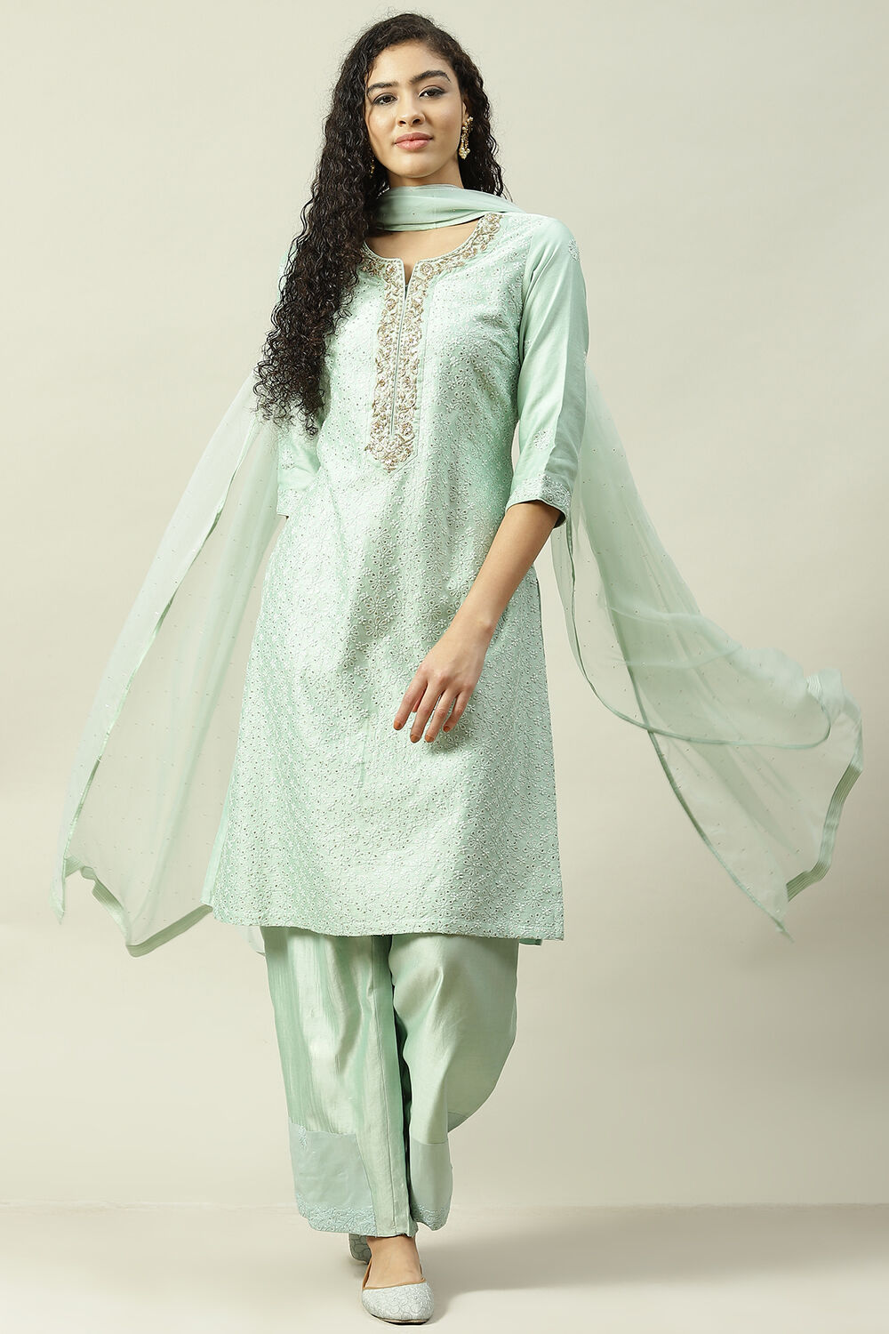 Mint Green Cotton Silk Straight Kurta Palazzo Suit Set at Biba India