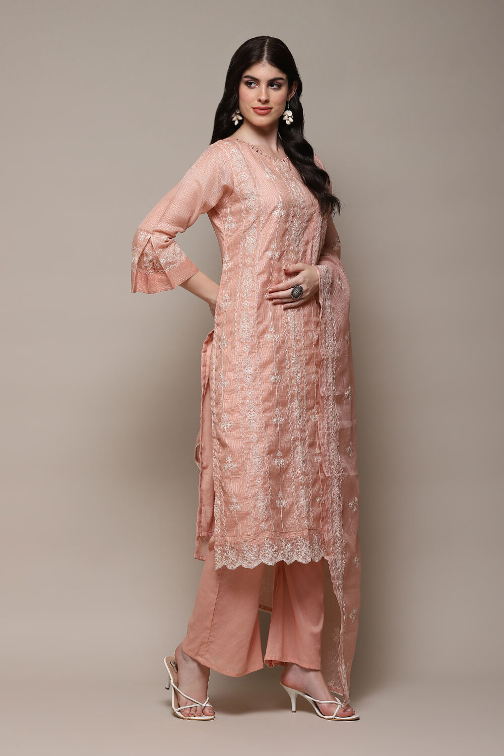 Peach Cotton Blend Printed Unstitched Suit Set image number 7