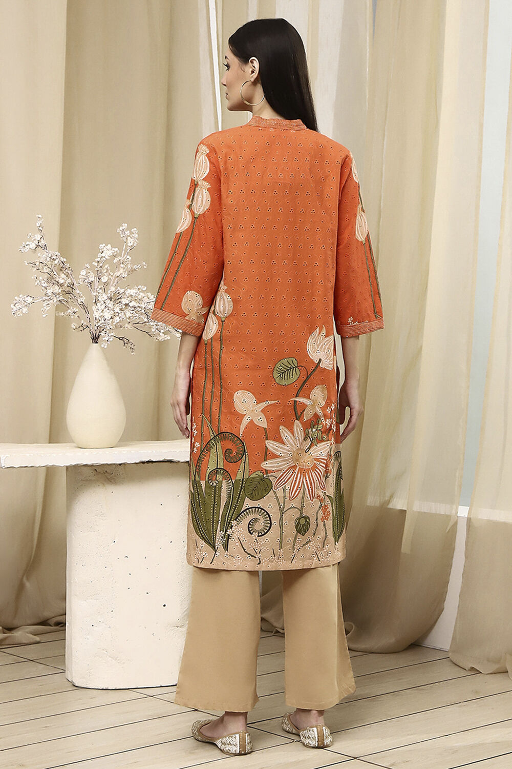 Orange Cotton Blend Schiffli Straight Kurta Set image number 4