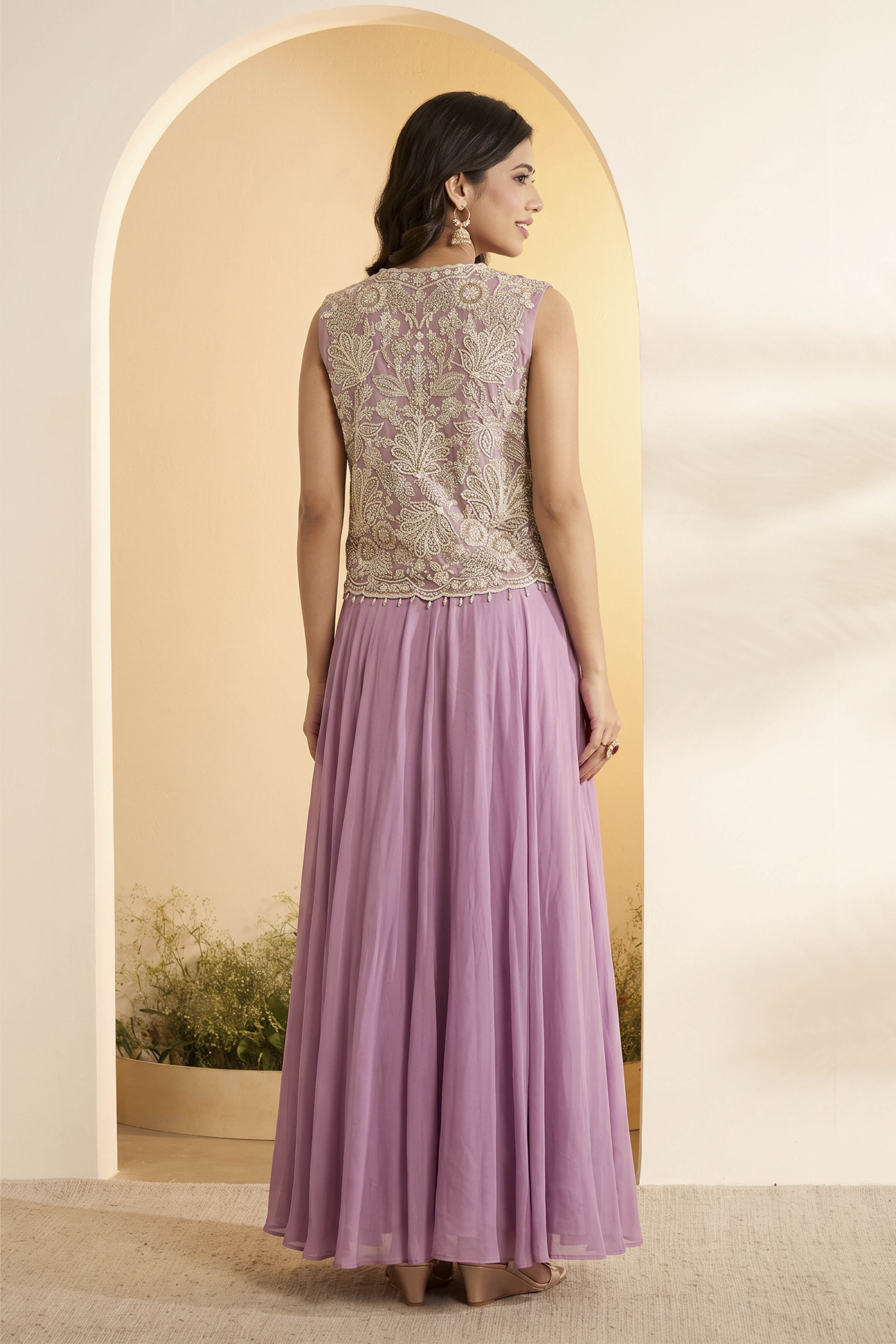 Dusty Lilac Viscose Rayon Embellished Skirt Set with Jacket image number 4