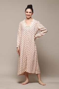 Off White Rayon Printed Sleepwear image number 3