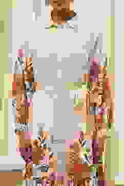 Beige Cotton Floral Shirt-Style Flared Dress image number 1