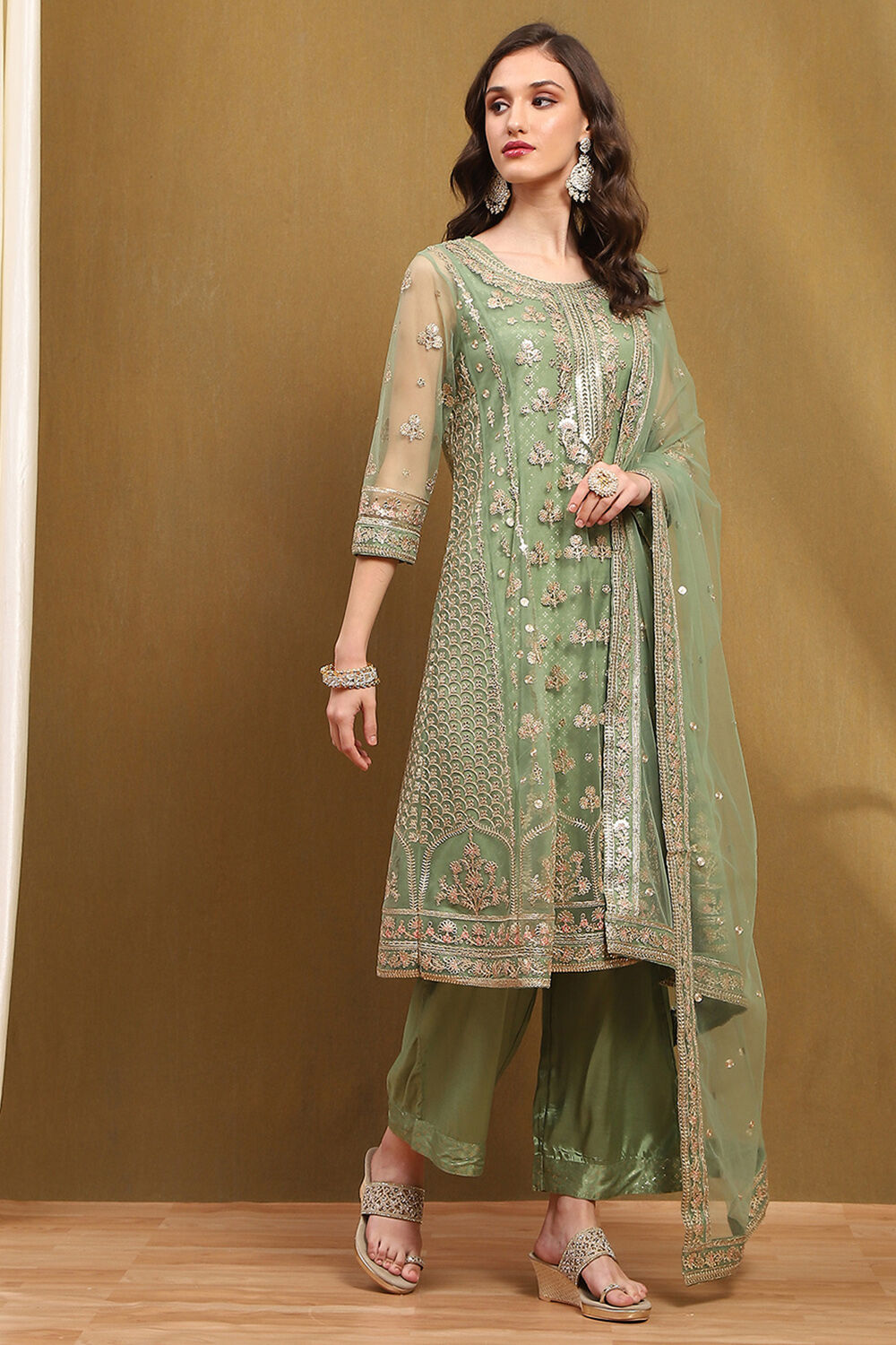 Green Net Embroidered Festive Kalidar Suit Set image number 5