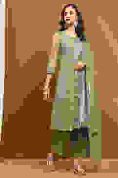 Green Net Embroidered Festive Kalidar Suit Set image number 5