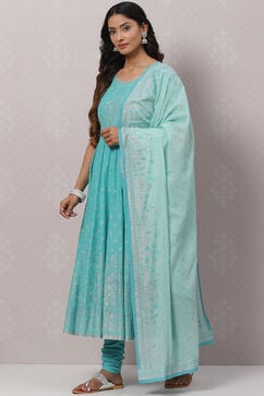 Turquoise Cotton Anarkali Kurta Churidar Suit Set image number 5