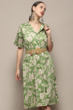 Green Pure Cotton Floral Printed Straight Dress image number 1