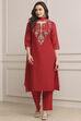 Red Art Silk Straight Kurta Slim Pant Suit Set image number 6
