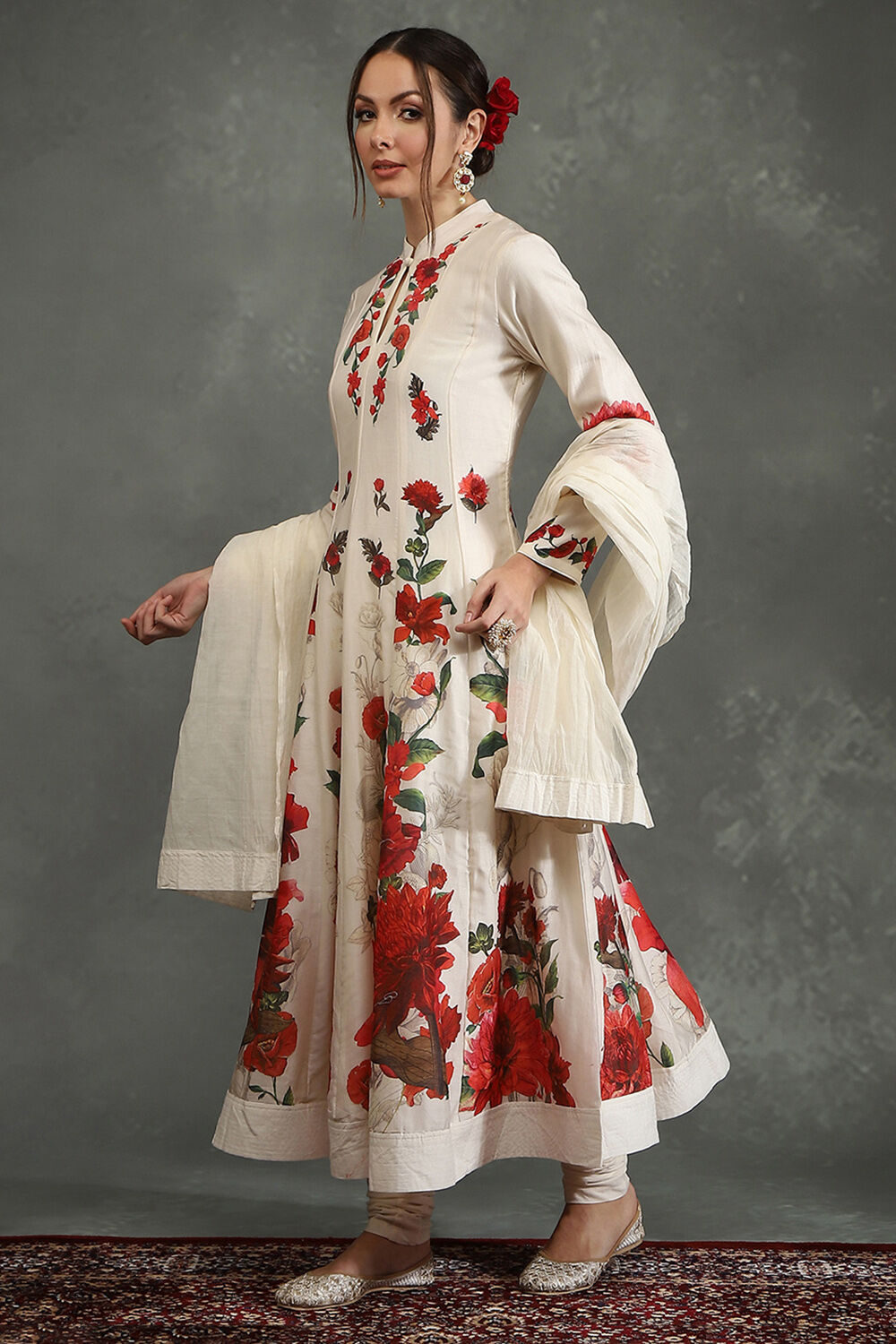 Rohit Bal Ivory Silk Chanderi Floral Printed Kalidar Suit Set image number 3