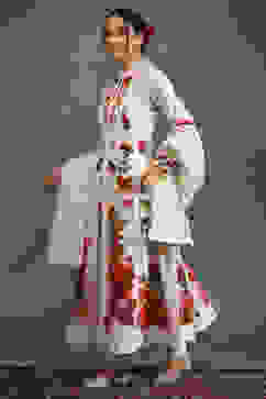 Rohit Bal Ivory Silk Chanderi Floral Printed Kalidar Suit Set image number 3