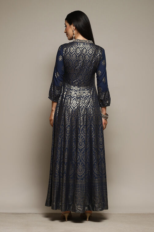 Navy Rayon Straight Printed Dress image number 4