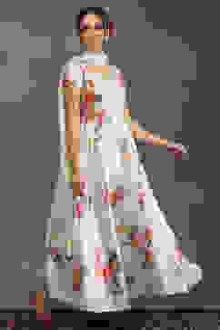 Rohit Bal Cream-Colored Silk Chanderi Floral Printed Anarkali Suit Set image number 5