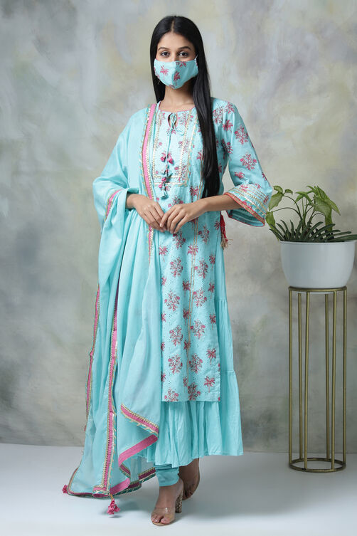 Turquoise Cotton Double Layered Kurta Churidar Suit Set image number 3