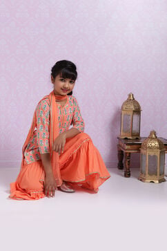 Peach Cotton Straight Kurta Sharara Suit Set image number 7