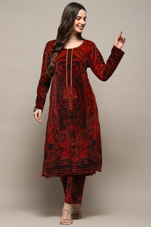 Burnt Orange Polyester Straight Printed Kurta image number 0