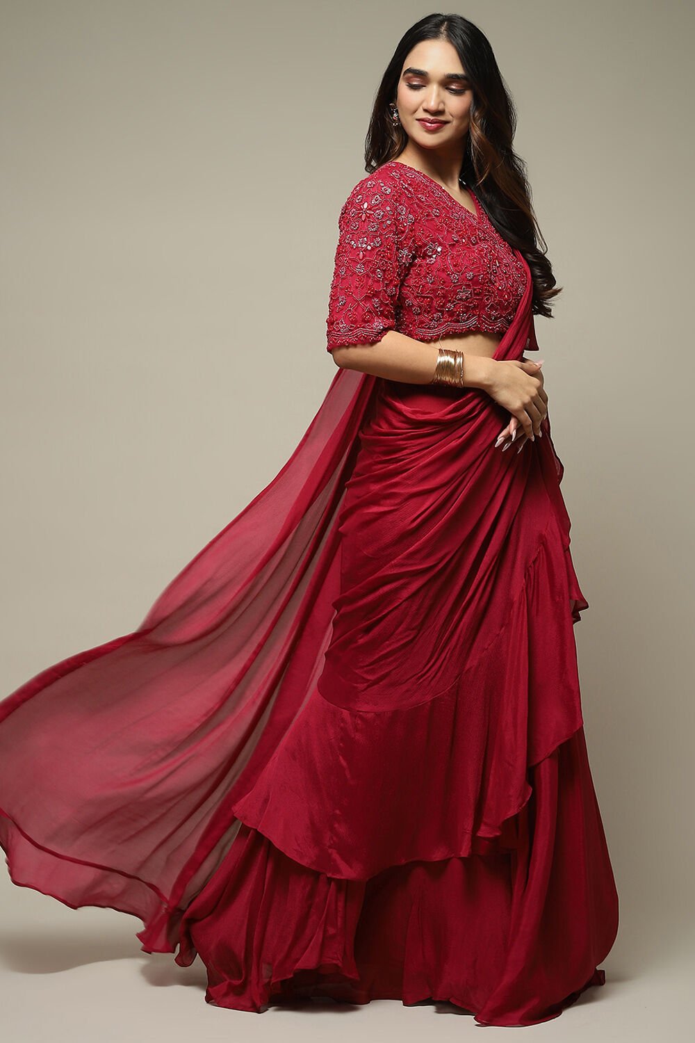 Berry Pre Draped Nylon Saree With A Stitched Blouse at Biba India