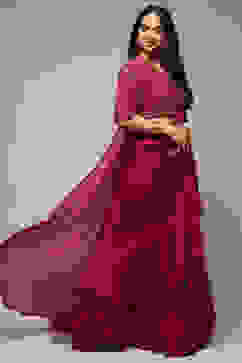 Berry Pre-Draped Nylon Saree With A Stitched Blouse image number 0