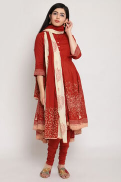 Red Cotton Asymmetric Kurta Churidar Suit Set image number 2