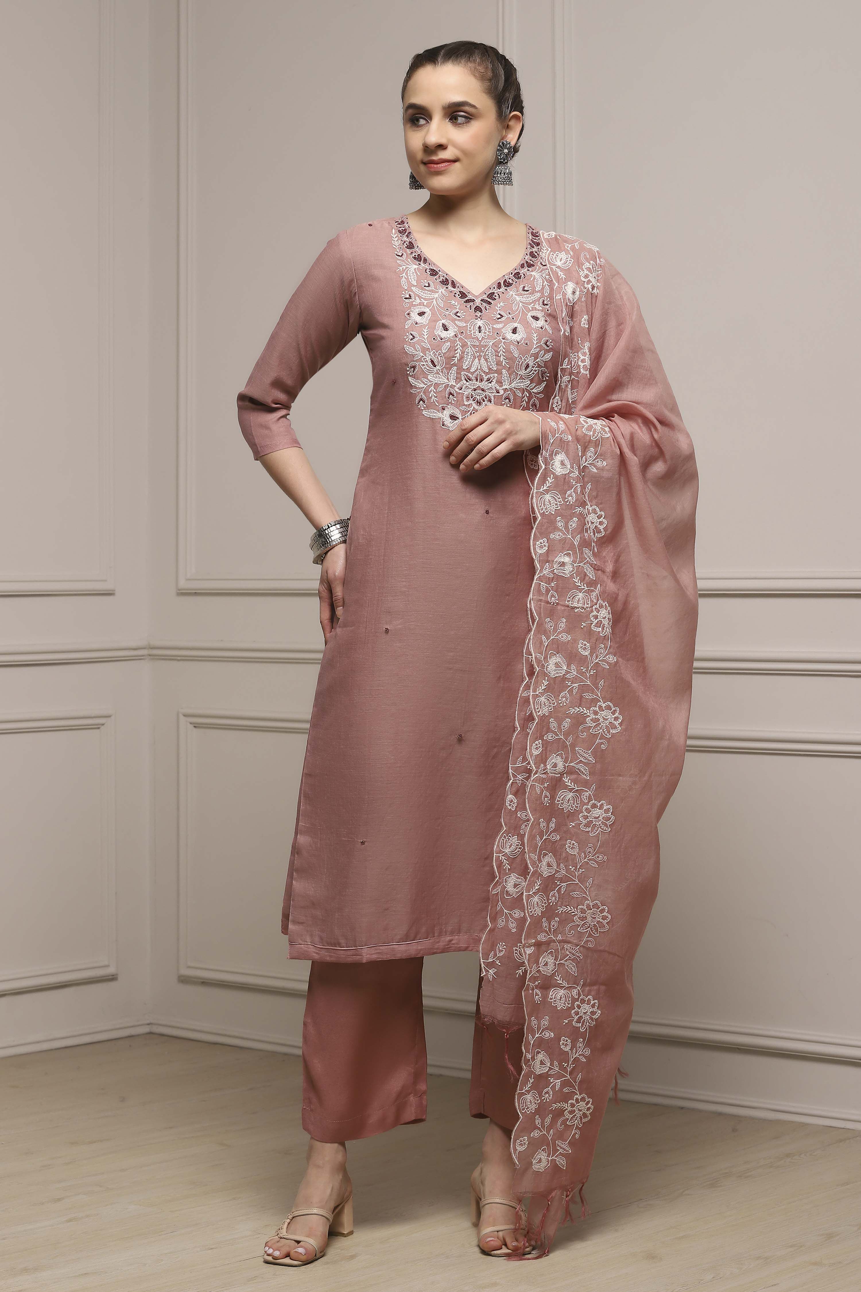 Beige Mul Chanderi Blend Hand Embroidered Unstitched Suit Set image number 1