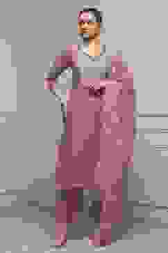 Beige Mul Chanderi Blend Hand Embroidered Unstitched Suit Set image number 1