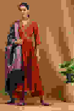 Rust Embroidered Angrakha Festive Anarkali Suit Set image number 10