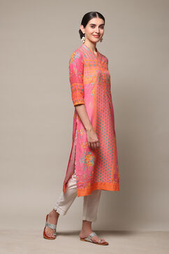 Pink Cotton Straight Printed Kurta image number 3