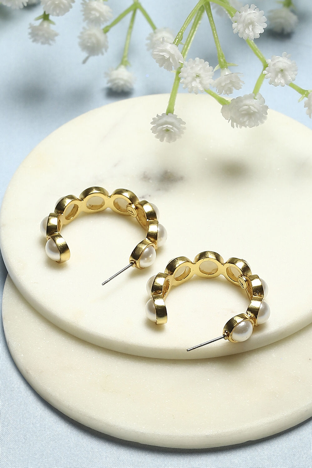 White Gold-Plated Pearl Contemporary Hoops image number 2