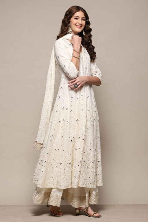 Off White Cotton Anarkali Lehenga Set image number 6