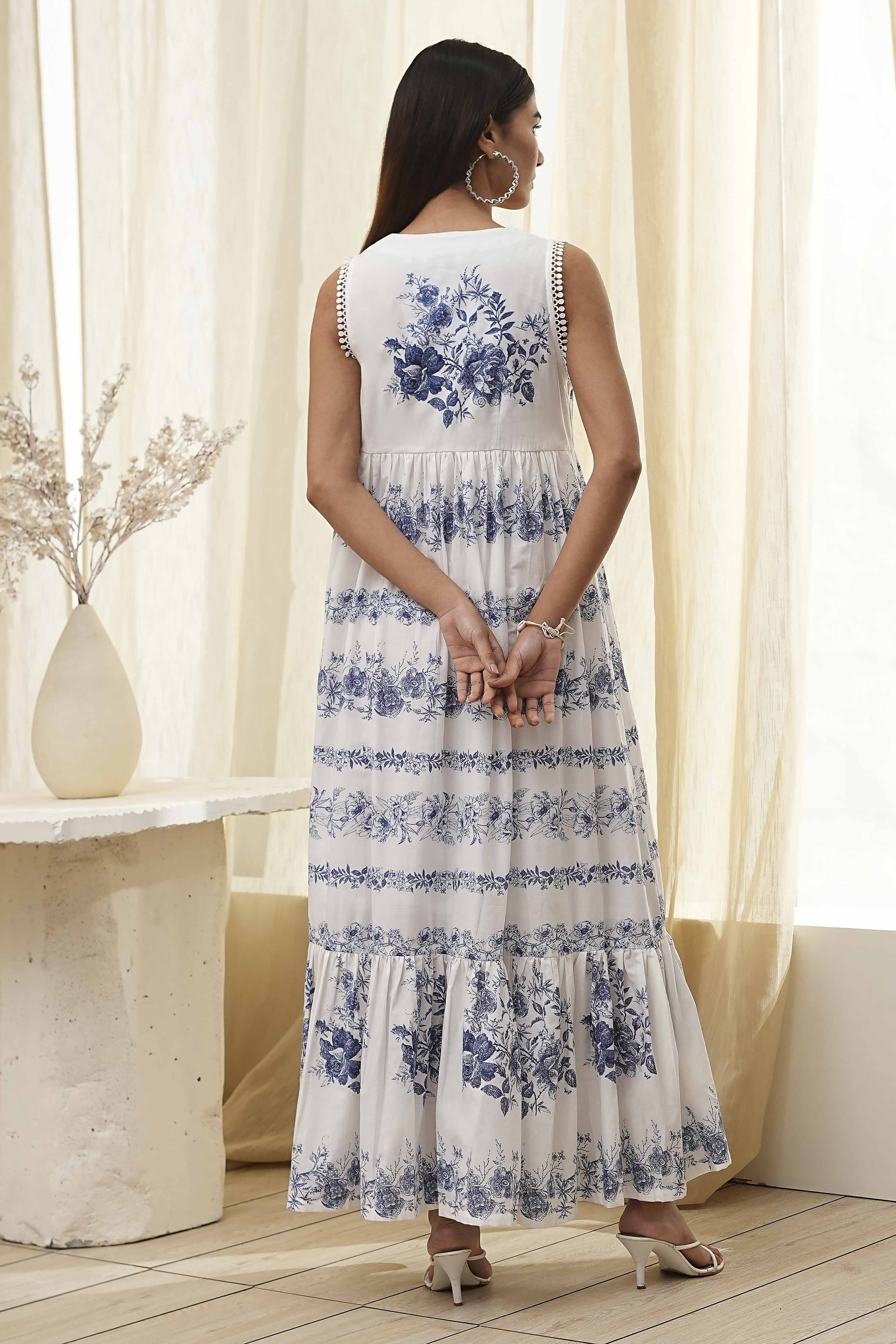 Off-White and Blue Cotton Floral Tiered Dress image number 3