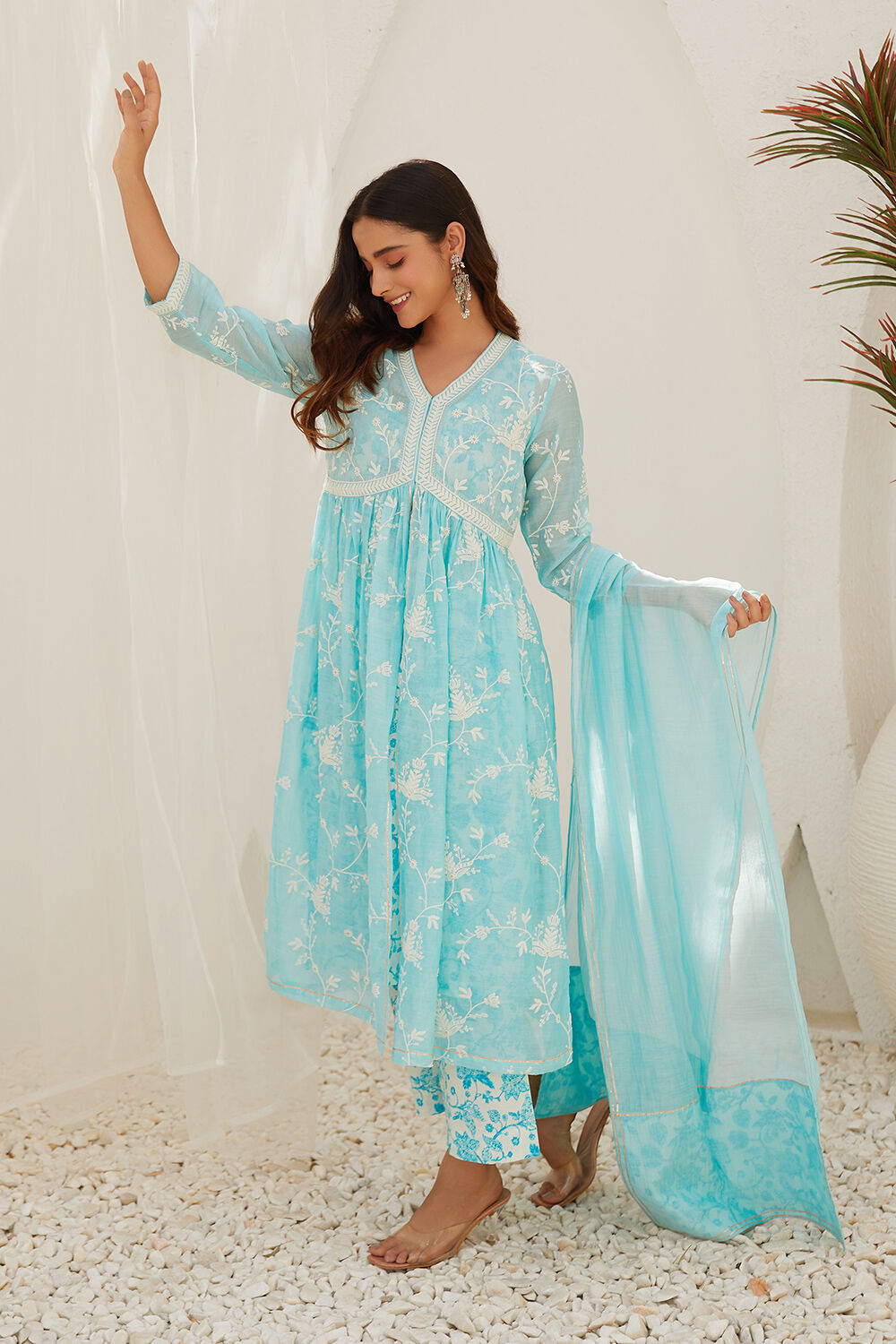 Aqua Cotton Gathered Kurta & Palazzo Suit Set image number 1