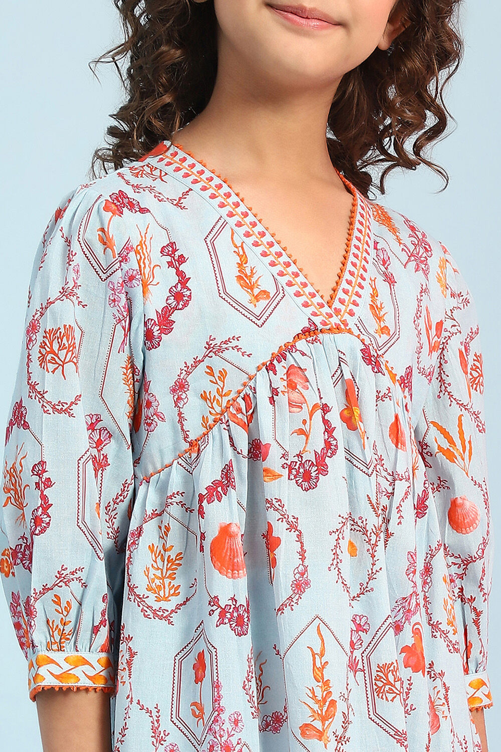 Sky Blue Cotton Floral Gathered Kurta Set image number 1