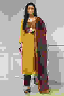 Yellow Cotton Hand Block Print Unstitched Suit Set image number 1