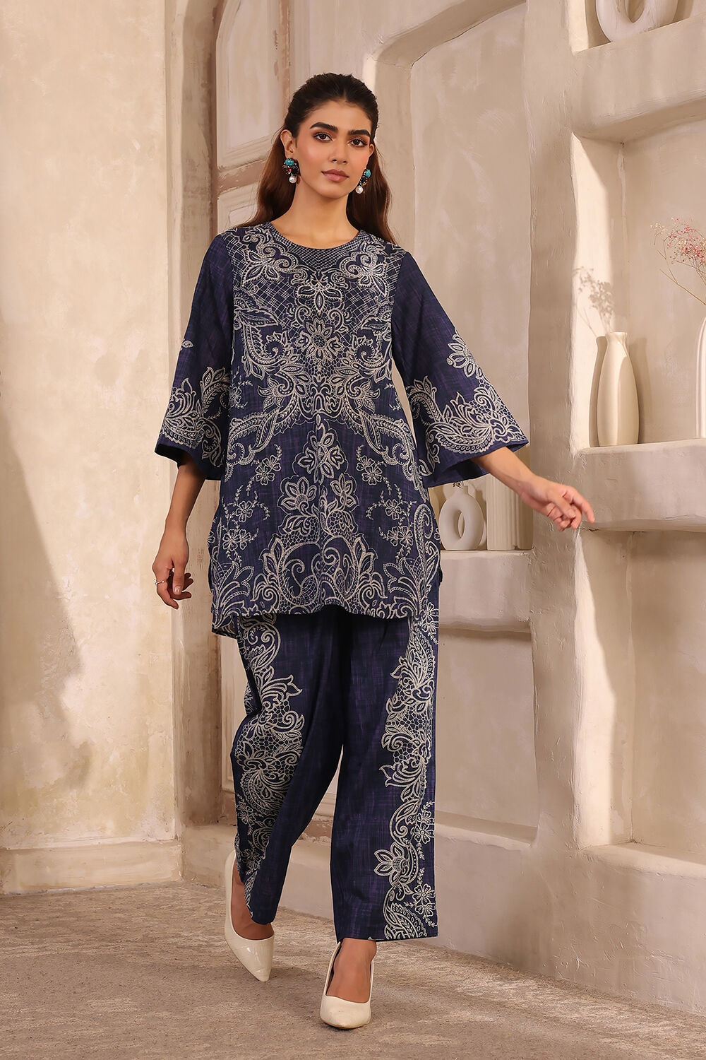 Blue Cotton Straight Printed Kurta Pants Set image number 0
