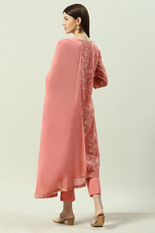 Blush Pink Printed Straight Kurta Regular Pant Suit Set image number 4