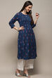 Navy Blue Cotton Printed Yard-Dyed Straight Kurta image number 4