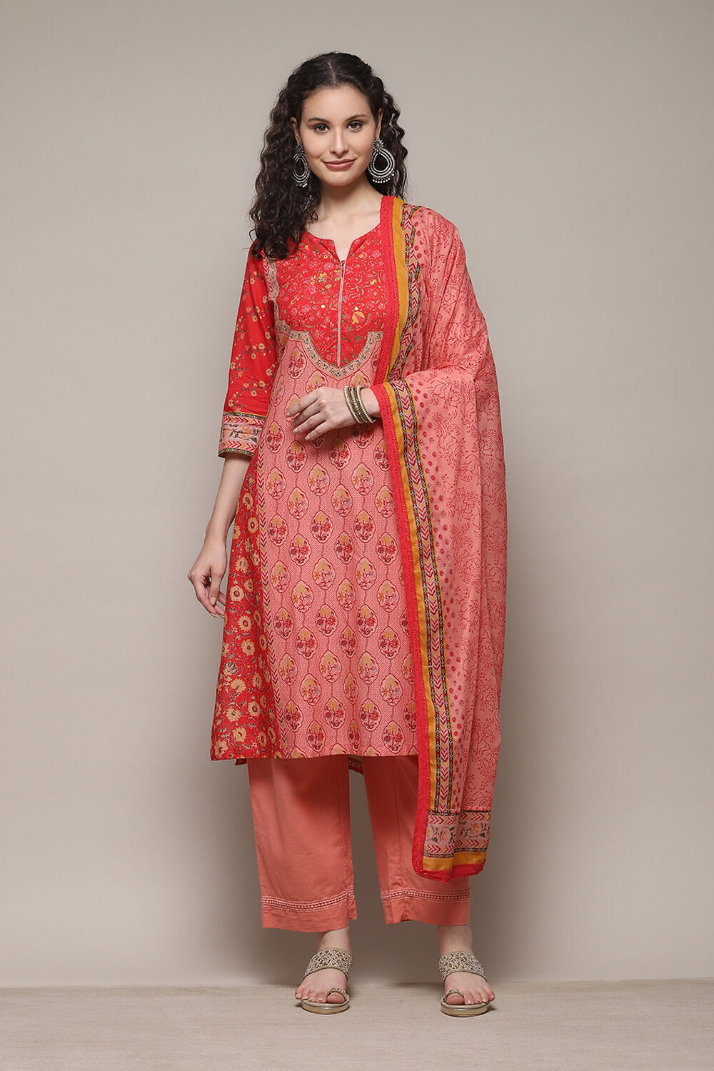 Red Cotton Blend Straight Printed Kurta Narrow Palazzo Suit Set