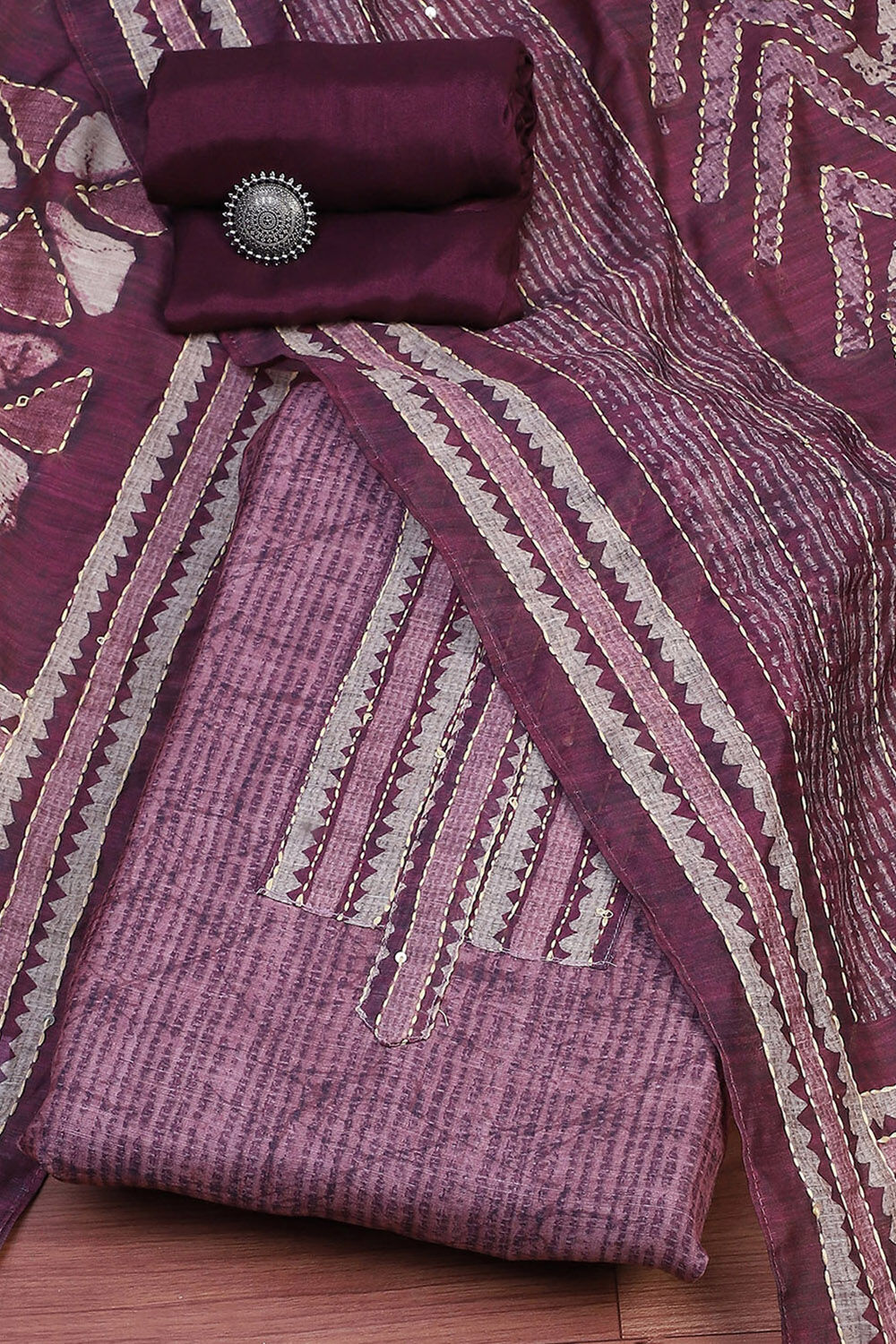 Grey Chanderi Blend Printed Unstitched Suit Set image number 0