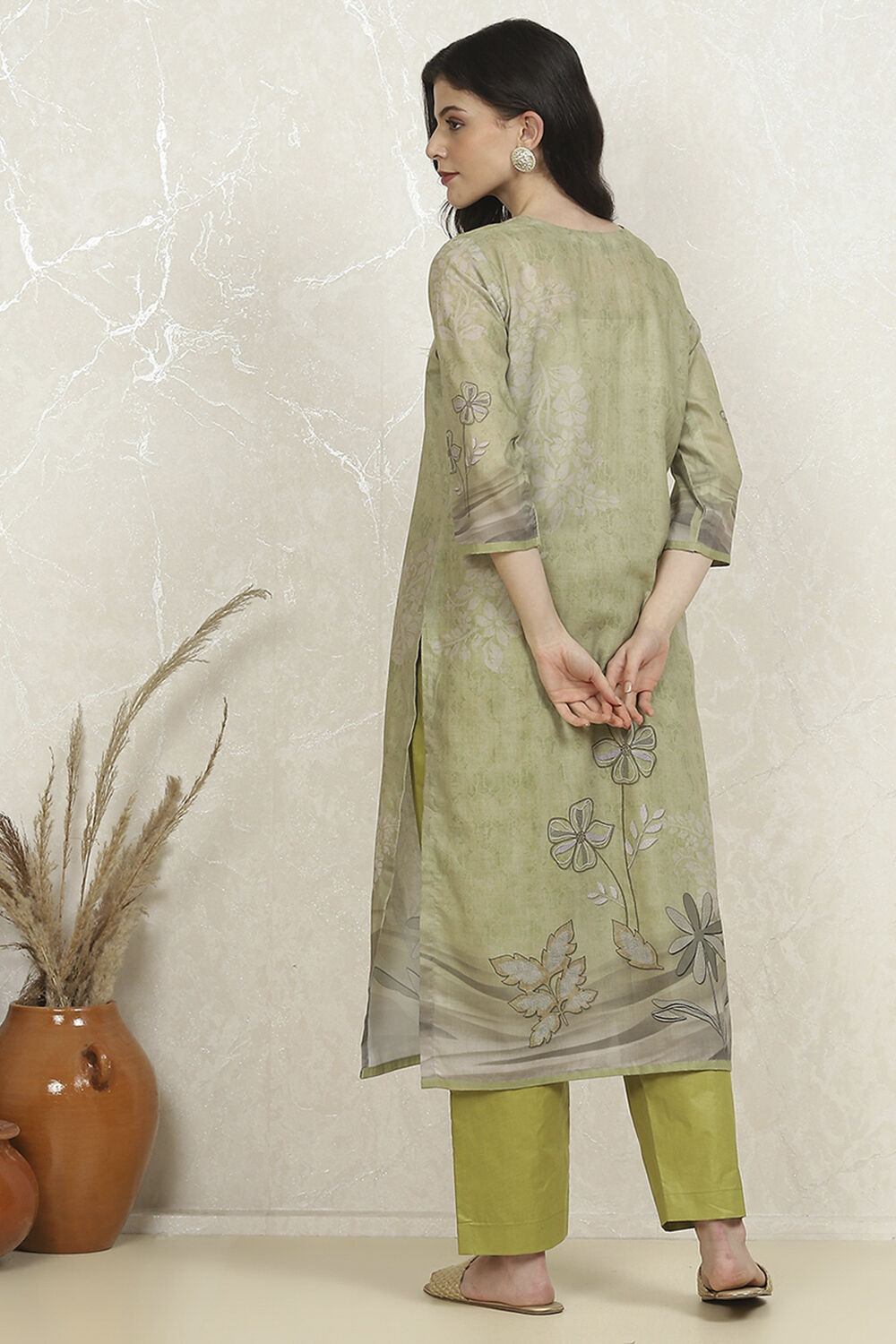 Green Cotton Printed Embroidered Unstitched Suit Set image number 5
