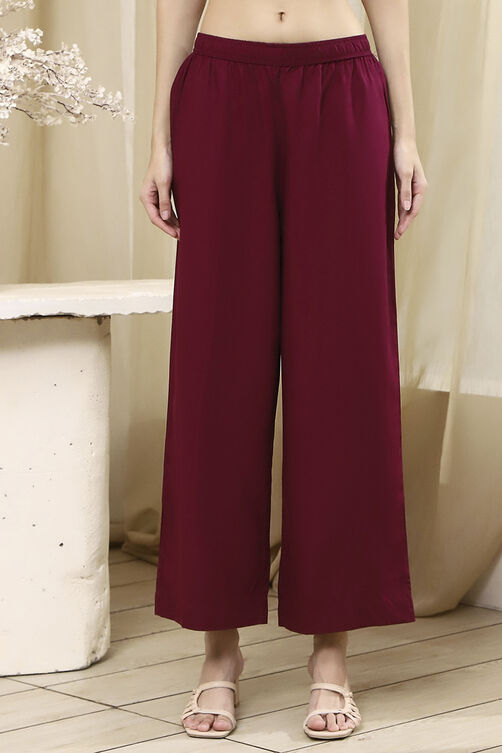 Berry Maroon Solid Straight Palazzos image number 5