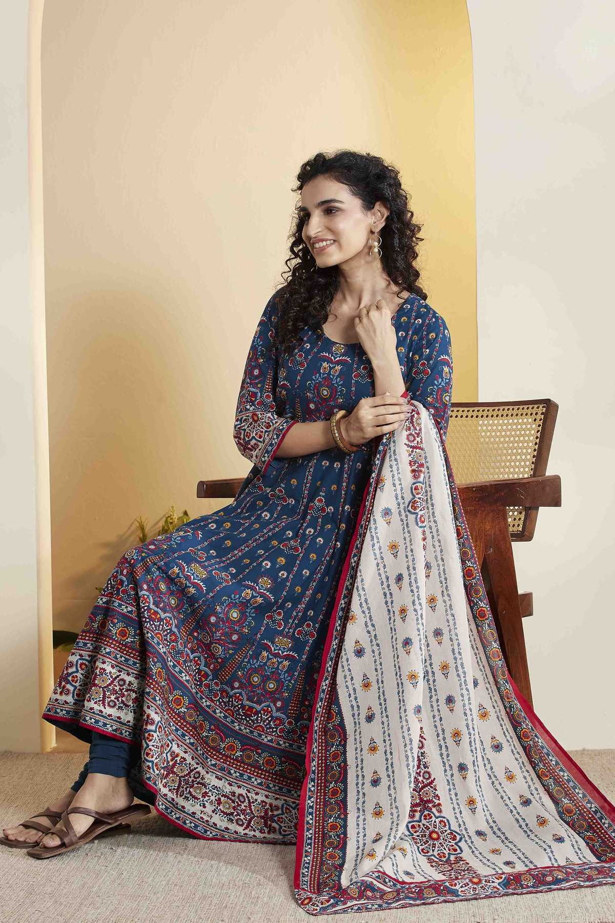 Blue Cotton Anarkali Suit Set